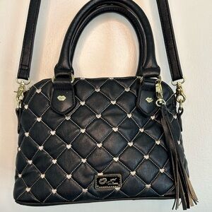 Vintage Betsy Johnson black leather crossbody handbag with heart stitching